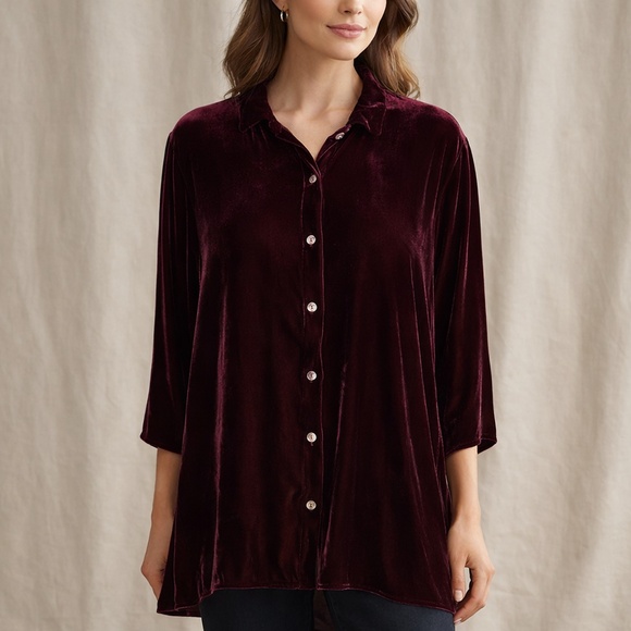 Cut Loose XL Burgundy Velvet Tunic Top Silk Blend Made in USA High Low Hem